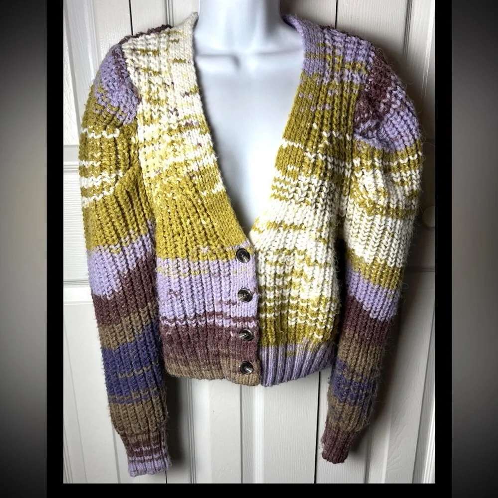 MOON RIVER Anthropologie Chunky Cardigan Sweater Boho Fuzzy Purple Green XS